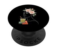 Line Art Femme Fleur Matcha Thé Cheveux Fleurs Femmes PopSockets PopGrip Adhésif