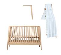 Linea Lit bébé en chêne avec ciel de lit en chêne et ciel de lit Bleu délavé Sans matelas