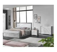 LINEAL - Chambre 160x200cm Blanche et Gris Béton Lit avec Leds + 2 Chevets + Commode