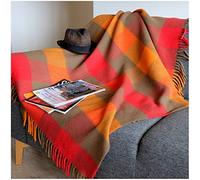 Linen & Cotton Douce et Chaude Couverture en Laine à Carreaux Bolivia - 100% Pure Laine de Nouvelle-Zélande, Rouge Orange Marron (130 x 170 cm) Plaid Coloré Couvre-Lit Jeté de Canapé Sofa Fauteuil