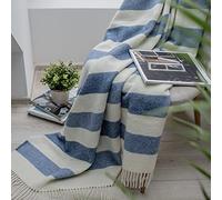 Linen & Cotton Malmo Couverture Chaude à Rayures 100% Pure Laine de Nouvelle-Zélande Bleu 140 x 200 cm