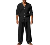 Linen suit men's two-piece breathable cotton linen stand up collar shirt and linen pants set(Black,S)