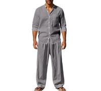 Linen suit men's two-piece breathable cotton linen stand up collar shirt and linen pants set(Gray,L)