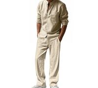 Linen suit men's two-piece breathable cotton linen stand up collar shirt and linen pants set(Khaki,M)