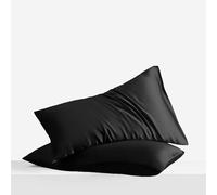 LINENWALAS Lot de 2 taies d'oreiller 100 % soie d'eucalyptus - Taie d'oreiller pour les cheveux et la peau, taille standard avec fermeture à rabat (noir de jais, 50 x 75 cm)