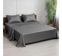 Linenwalas Parure de lit 4 pièces en bambou 100 % naturel - Literie luxueuse, douce et rafraîchissante, drap plat et taies d'oreiller (très grand lit, gris)