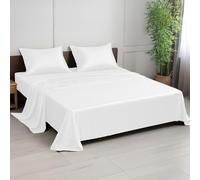 LINENWALAS Parure de lit 4 pièces pour lit double 100 % bambou bio, draps de lit en soie végétalienne rafraîchissante avec 1 drap-housse, 1 drap plat et 2 taies d'oreiller (double, blanc)