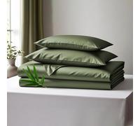 LINENWALAS Parure de lit pour lit double, fil-count 300, 100 % bambou, tissu satin rafraîchissant, soie, ensemble de draps avec 1 drap-housse, 1 drap et 2 taies d'oreiller (lit double, vert avocat)