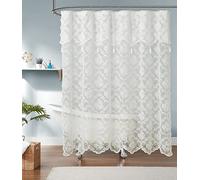 LinenZone Rideau de Douche Extra Long en Tissu en Dentelle avec cantonnière attachée - Style Rustique Moderne, idéal pour Un décor campagnard ou Rustique - 182,9 x 213,4 cm (Ivoire)