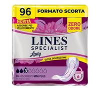 Lines Specialist Lady Mini Plus Serviettes pour incontinence pour femme, avec technologie zéro odeur et barrières latérales protectrices, escorte mensuelle, 6 boîtes de 16 unités