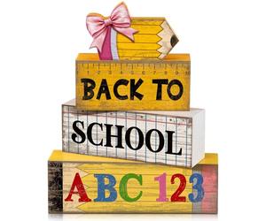 Lineshading Lot de 4 blocs de crayons en bois pour la rentrée scolaire | Plateau décoratif à étages avec règle ABC 123 pour la rentrée scolaire, cadeau rustique pour enseignant et bureau