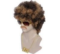 Linfairy Costume court des années 80 pour homme, perruque disco et moustache, collier, lunettes, Halloween, cosplay, marron et noir