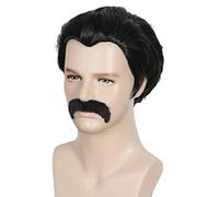 Linfairy Costumes Courts des Années 80 pour Hommes Perruque et Moustache Costume de Cosplay Halloween Perruque Noire
