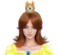 Linfairy Perruque de princesse brun rougeâtre Linfairy avec couronne style rétro des années 60 et 70 pour Halloween cosplay pour femme