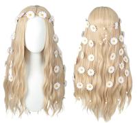 Linfairy Perruque longue ondulée blonde des années 70 avec bandeau de tournesol pour Halloween, cosplay, fête, pour femme