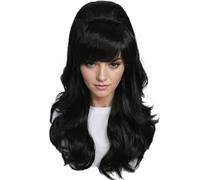 Linfairy Perruque longue ondulée noire pour femme, convient aux costumes des années 50 et 80