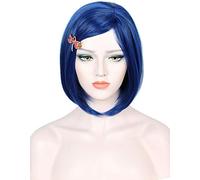 Linfairy Perruque synthétique courte et lisse bleu foncé avec épingle à cheveux pour femme perruque de cosplay pour Halloween et fête costumée (Adult)