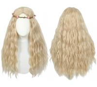 Linfairy Perruques Hippie Longues et Ondulées Pour Femmes, Perruque de Costume de Cosplay d'Halloween des Années 70 Pour fête Avec Couronne de Fleurs