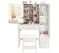 LINFE Coiffeuse Vanity avec miroir LED, tiroirs et tabouret, coiffeuse avec éclairage, grand plateau, coiffeuse, blanc Blanc