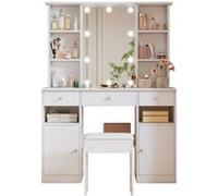 LINFE Ensemble de coiffeuse, meuble de toilette éclairé par LED avec miroir et tabouret, 151 × 110 × 40 cm, blanc Blanc