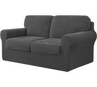 LINFKY Housse De Canapé Extensible 7 Pièce, avec Trois Dossiers Et Coussins Séparés avec Bande élastique, Tissu Jacquard élasthanne à Carreaux (Gris,2 Places (145-178 cm))