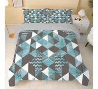 Linfye Couette 140x200 Enfant Feuilles Bleues - Imprimée Géométrie Noire 4 Saisons, Légère et Douce pour 1 Personne - Edredon en Microfibre avec 2 Taies d'Oreiller 65x65 cm