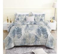 Linfye Couette 200 x 200 cm avec feuilles grises bleues imprimées pour 4 saisons Edredon Legere Couette 2 personnes en microfibre, plantes blanches Couette sans Houss et 2 taies d'oreiller 65 x 65 cm