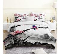 Linfye Couette 220x240 cm Fleur Prunier Blanche Imprimée 4 Saisons pour Lit 2 Personnes, Oiseaux Noirs Edredon Réversible et Légère Couette sans Houss et 2 Taies d'oreiller 65x65 cm