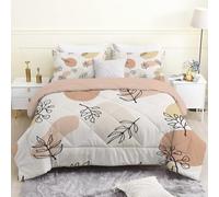 Linfye couette 220x240 cm, Plante Beige Imprimée 4 Saisons pour Lit 2 Personnes, Imprimé Moderne Edredon Legère, Réversible sans Housses et 2 Taies d'Oreiller 65x65 cm