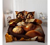 Linfye Couette 260x240 cm Feuille et éCureuil - Couette Imprimée Automne 4 Saisons en Microfibre Duvet 240x260 Legere et Chaud, Edredon Marron pour Lit 2 Personnes avec 2 Taies d'oreiller 65x65 cm