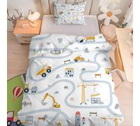 Linfye Housse de Couette 120x150 cm Enfant Garçon Tracteur Parure de Lit 1 Personne avec Taie d'oreiller 40x60 cm, Pelle Blanche Réversible Sets de Housse Couette en Microfibre Ensemble de Literie