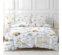 Linfye Housse de Couette 140x200 Enfant Garçon Tracteur Imprimée Parure de Lit 1 Personne, Pelle Blanche Réversible Sets de Housse Couette avec Fermeture Éclair avec 2 Taie d'oreiller 65x65 cm