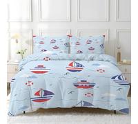 Linfye Housse de Couette 140x200 Enfant Mouette Bleue Imprimée Parure de Lit 1 Personne, Garçon Bateau Réversible Sets de Housse Couette avec Fermeture Éclair avec 2 Taie d'oreiller 65x65 cm