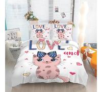 Linfye Housse de Couette 200x200 Adulte Chat Blanc Parure de Lit 2 Personnes avec Fermeture Éclair, Amour Réversible Sets de Housse Couette en Microfibre avec 2 Taie d'oreiller 65x65 cm