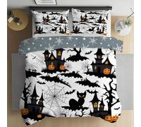 Linfye Housse de Couette 220x240 Adulte Chauves-Souris Château - Parure de Lit 2 Personne Imprimée Chat Noir Réversible avec 2 Taie d’Oreiller 65x65 cm - Ensemble avec Fermeture Éclair - Blanc G13