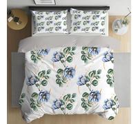 Linfye Parure de Lit 90x190 Enfant Camélia Ton Bleu Housse de Couette 1 Personne en Microfibre Douce et Confortable, Blanc cassé, Feuilles Florales, avec 2 Taie d'oreiller 65x65cm, Fermeture Éclair