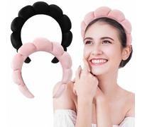 Ling & Bai Lot de 2 bandeaux de maquillage spa pour femme - Jolis bandeaux en velours pour le lavage du visage, la douche, le masque facial (noir, rose, taille unique)
