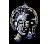 Ling.Shop Tableau Bouddha Peint à la Main - Blanc & Or avec Temple de nuit - Velours Noir & Feuille d’Or - Œuvre Artisanale Unique - Art Mural Zen - 100×70 cm