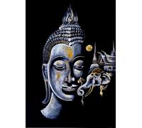 Ling.Shop Toile Bouddha Zen Blanc & Or 100x70 cm - Velours Noir & Feuille d’Or - Décoration Murale Méditation (Elephant et Temple)