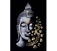 Ling.Shop Toile Bouddha Zen Blanc & Or 100x70 cm - Velours Noir & Feuille d’Or - Décoration Murale Méditation (Branche de Fleurs)