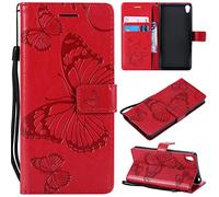 LingDan Étui pour Sony Xperia E5 F3311 (5,5 Pouces) PU Cuir Housse Flip Coque Gaufrage Papillon Motif avec Built Stand et Magnétique Fermeture Carte Slot Portefeuille Shell de Protection, Rouge