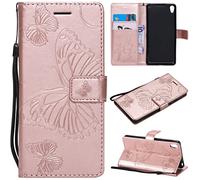 LingDan Étui pour Sony Xperia E5 F3311 (5,5 Pouces) PU Cuir Housse Flip Coque Gaufrage Papillon Motif avec Built Stand et Magnétique Fermeture Carte Slot Portefeuille Shell de Protection, Or Rose