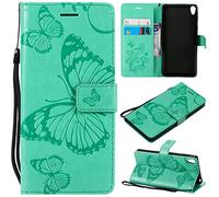 LingDan Étui pour Sony Xperia E5 F3311 (5,5 Pouces) PU Cuir Housse Flip Coque Gaufrage Papillon Motif avec Built Stand et Magnétique Fermeture Carte Slot Portefeuille Shell de Protection, Vert