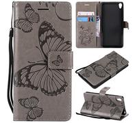 LingDan Étui pour Sony Xperia E5 F3311 (5,5 Pouces) PU Cuir Housse Flip Coque Gaufrage Papillon Motif avec Built Stand et Magnétique Fermeture Carte Slot Portefeuille Shell de Protection, Gris