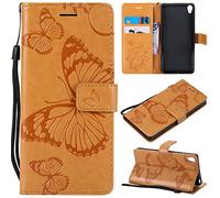 LingDan Étui pour Sony Xperia E5 F3311 (5,5 Pouces) PU Cuir Housse Flip Coque Gaufrage Papillon Motif avec Built Stand et Magnétique Fermeture Carte Slot Portefeuille Shell de Protection, Marron