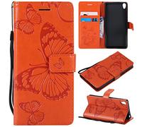 LingDan Étui pour Sony Xperia E5 F3311 (5,5 Pouces) PU Cuir Housse Flip Coque Gaufrage Papillon Motif avec Built Stand et Magnétique Fermeture Carte Slot Portefeuille Shell de Protection, Orange