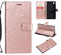 LingDan Étui pour Sony Xperia L1 (5,5 Pouces) PU Cuir Housse Flip Coque Gaufrage Papillon Motif avec Built Stand et Magnétique Fermeture Carte Slot Portefeuille Shell de Protection, Or Rose