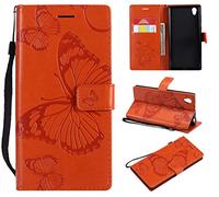 LingDan Étui pour Sony Xperia L1 (5,5 Pouces) PU Cuir Housse Flip Coque Gaufrage Papillon Motif avec Built Stand et Magnétique Fermeture Carte Slot Portefeuille Shell de Protection, Orange