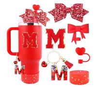 Lingdeer Ensemble d'accessoires de tasse rouge pour gobelet Stanley de 887 ml et 1200 ml avec poignée, breloques en forme de lettre, nœud et couvercle de paille en diamant, autocollant personnalisé