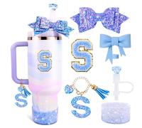 Lingdeer Ensemble d'accessoires pour gobelet Stanley de 887 ml et 1200 ml avec poignée, breloques en forme de lettre, nœud et couvercle de paille en diamant, autocollant personnalisé pour accessoires
